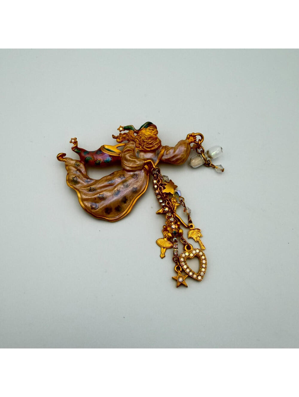 Kirks Folly Sweet Dreams Sandman Enamel and Crystal Pin Brooch with Charm Dangle
